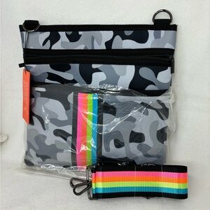Haute Shore Neoprene Collection Crossbody Black Camo Colorful Stripes New